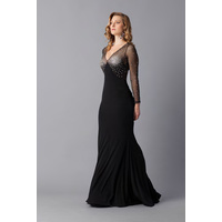 ROSE NOIR #404 - Mesh Sleeves Evening Gown (Black)