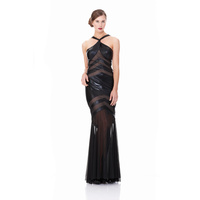 ROSE NOIR #566 - Mesh Insert Evening Gown (Black)