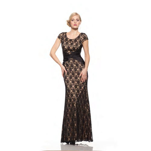 ROSE NOIR #323 - Cap Sleeve Lace Evening Gown (Black/Nude)