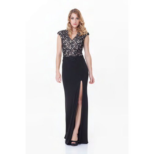 ROSE NOIR #531 - V Neck Lace Evening Gown (Black/Nude size 8)