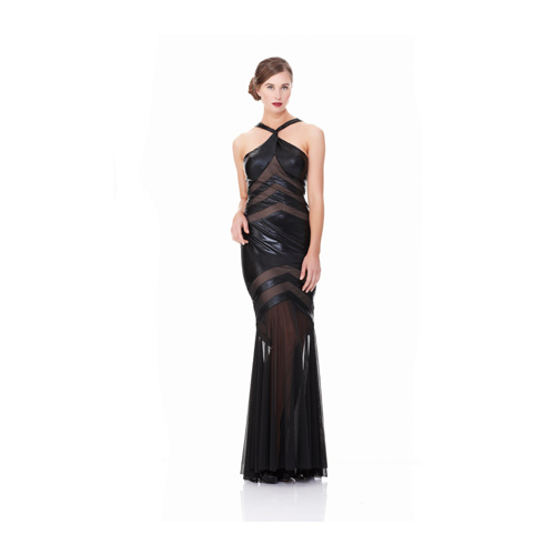ROSE NOIR #566 - Mesh Insert Evening Gown (Black)
